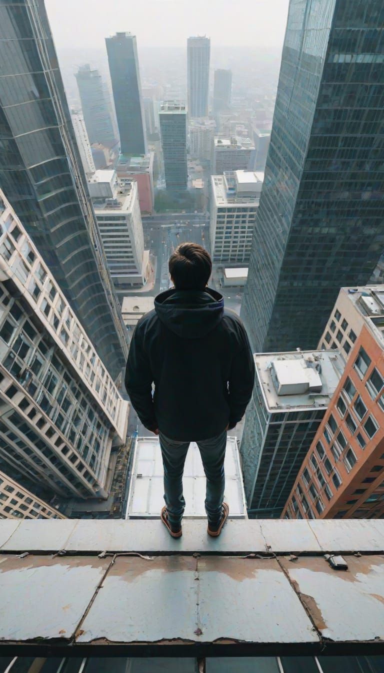 A person standing on a ledge of a tall building looking down