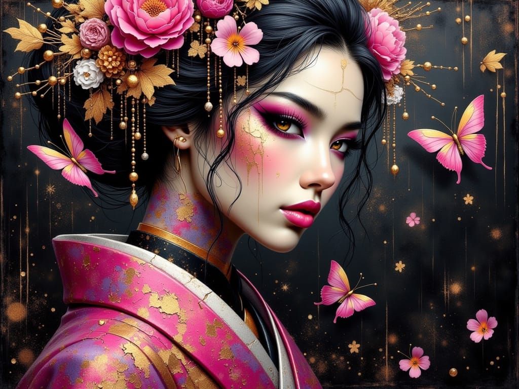 Elegant Geisha Warrior in Vibrant, Golden Hues
