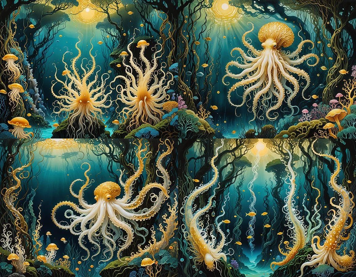 Bioluminescent Squid: Shan Shui Meets Klimt