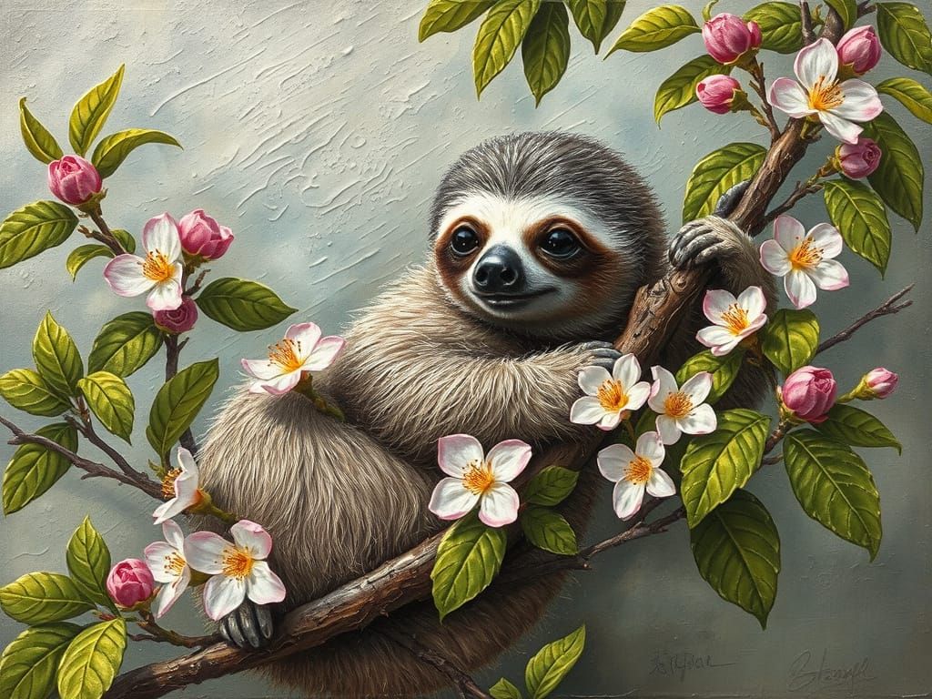 Vibrant Impasto Painting of a Sloth Among Blooming Flowers