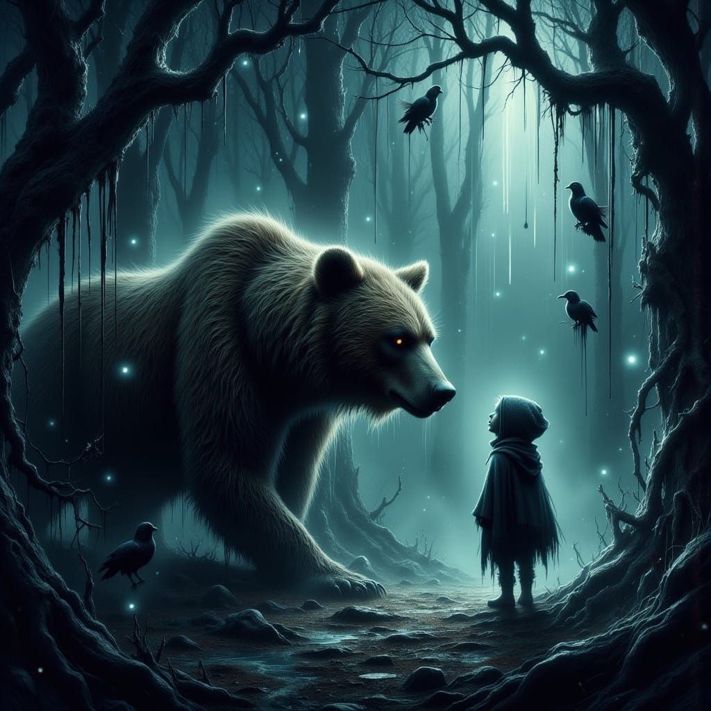 Ethereal Grizzly Bear in Mystical Gothic Forest