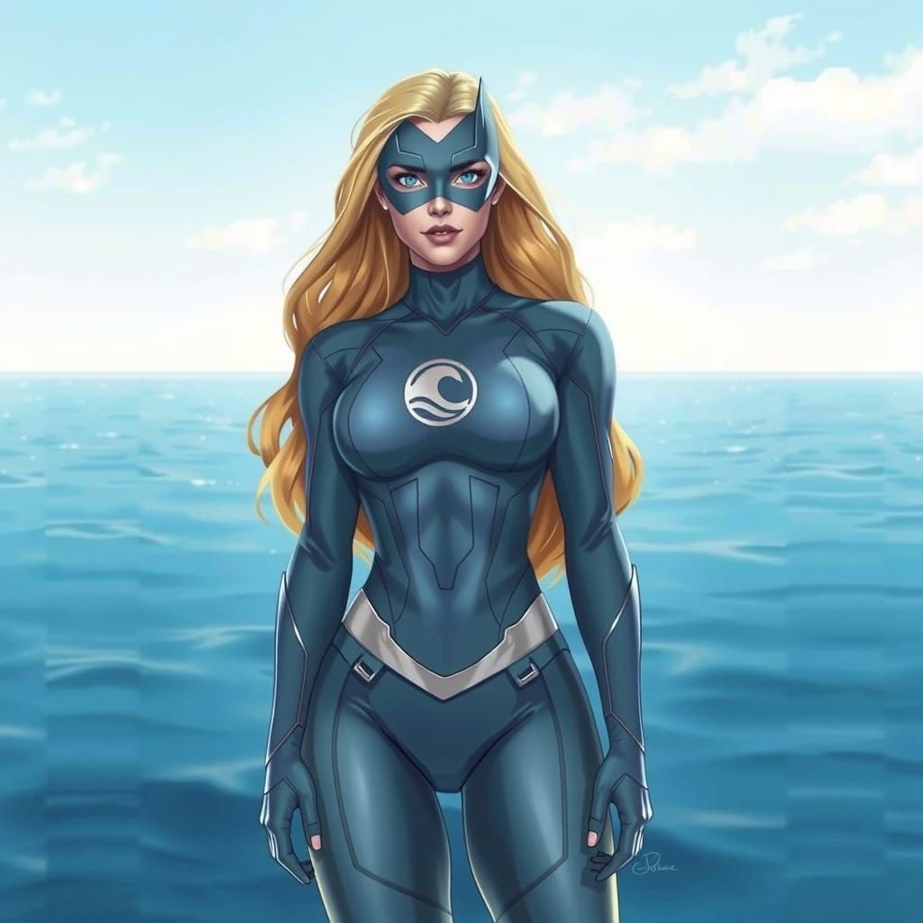 Confident Superheroine by the Ocean in Comic Book Style
