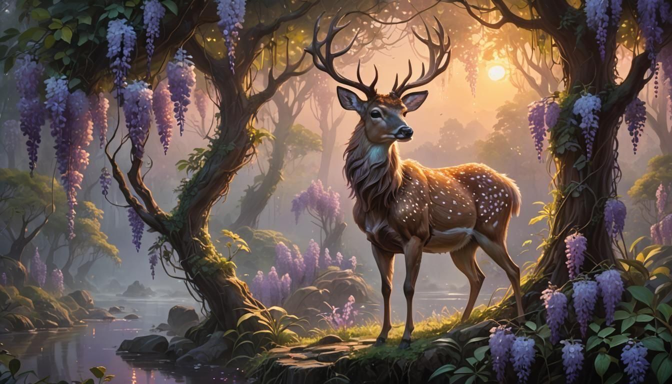 Wisteria Jungle Fairy Deer at Sunset: Oil Painting