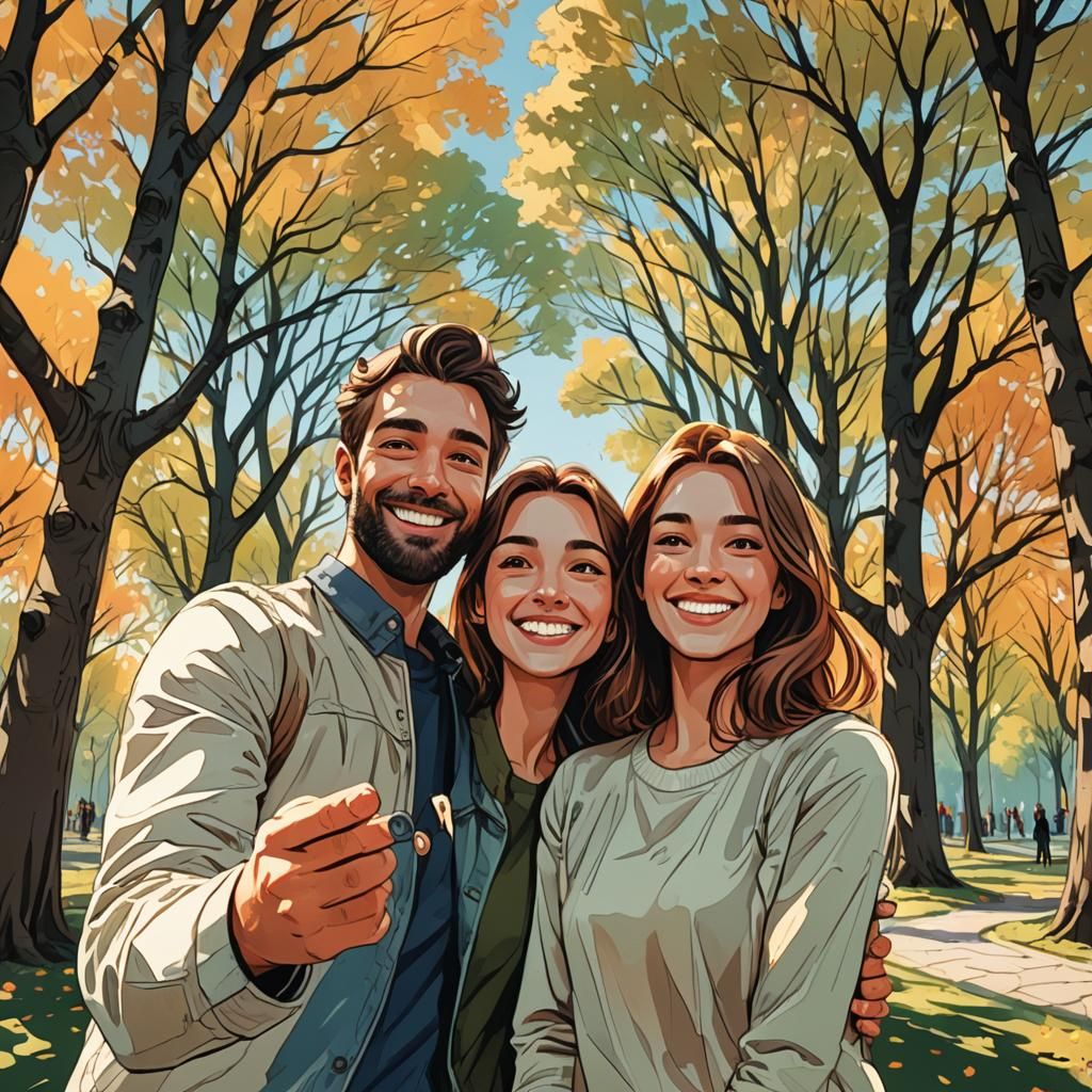 Joyful Couple's Selfie in Park, Digital Comic Art