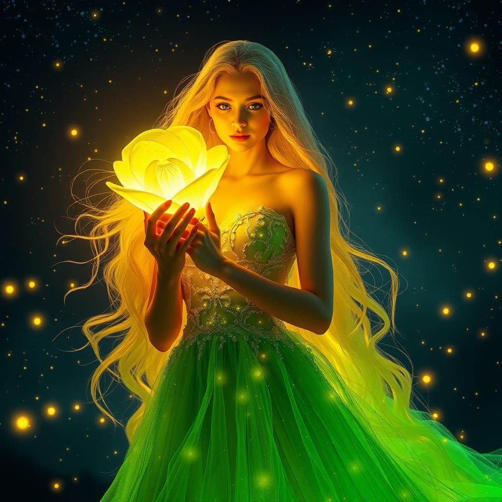 Ethereal Woman with Cosmic Flower in Dreamlike Landscape