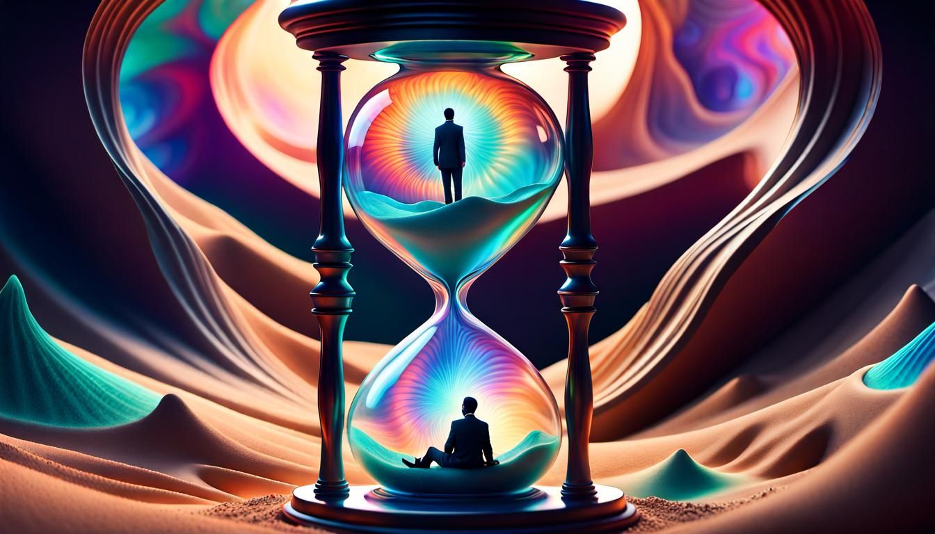 a man sitting inside the bottom of an hourglass being buried...