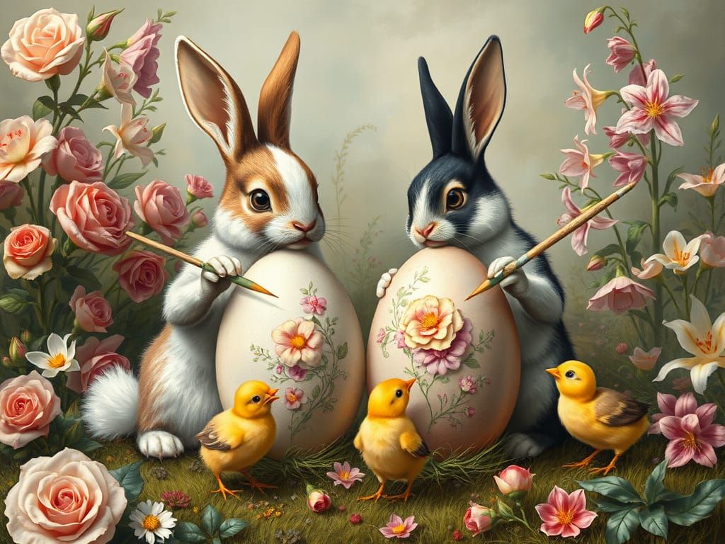 Easter Bunnies and Chicks Painting Eggs, Vintage Style