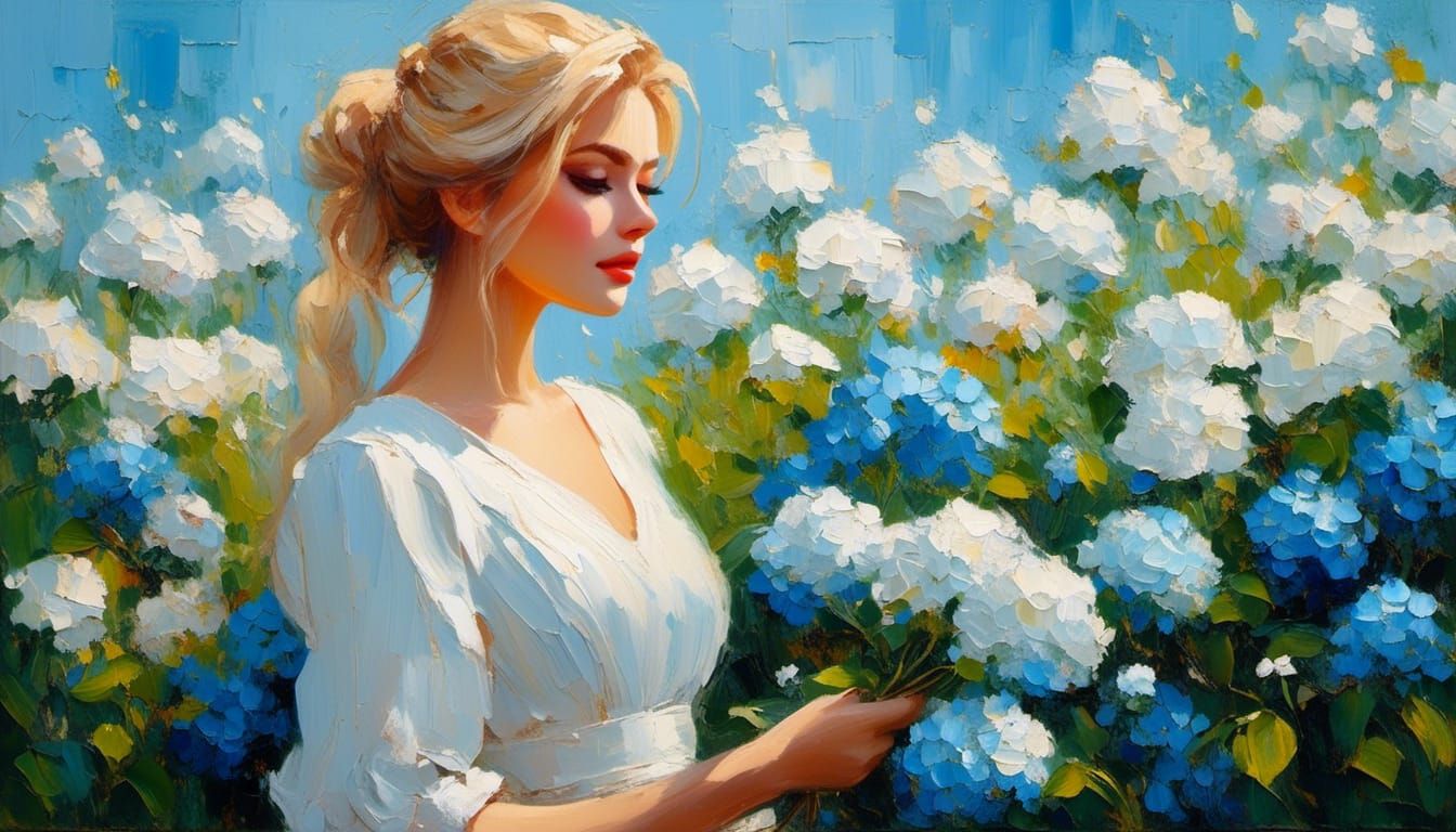 Woman Picking Hydrangeas as Impasto Oil Painting