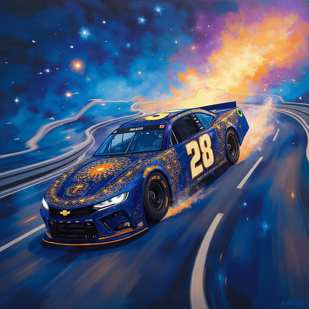 Nascar Car Soaring Through Starry Sky as Oil Painting
