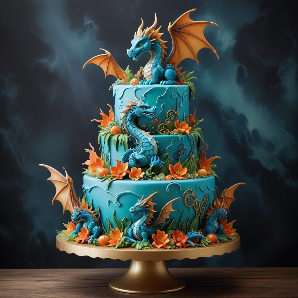Dragon-Themed Fantasy Cake with Multiple Tiers
