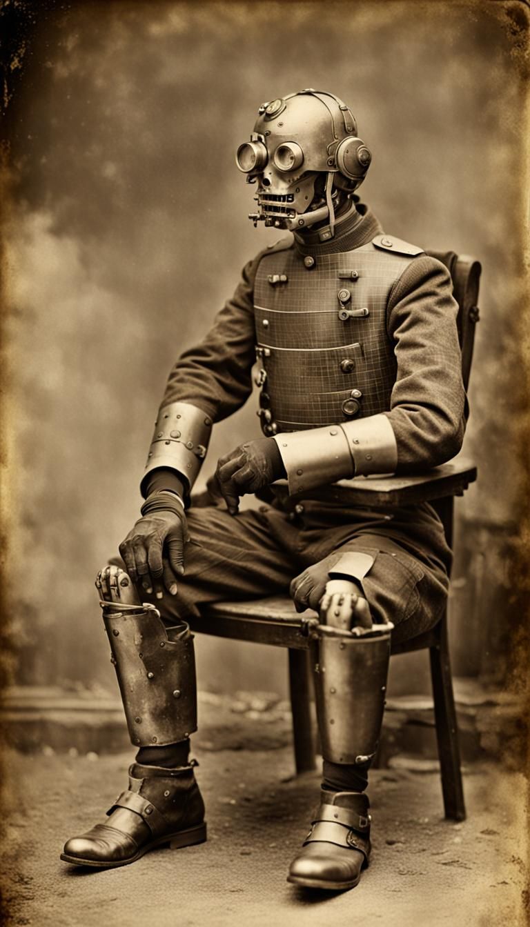 Dieselpunk Cyborg in Sepia-Toned Photograph
