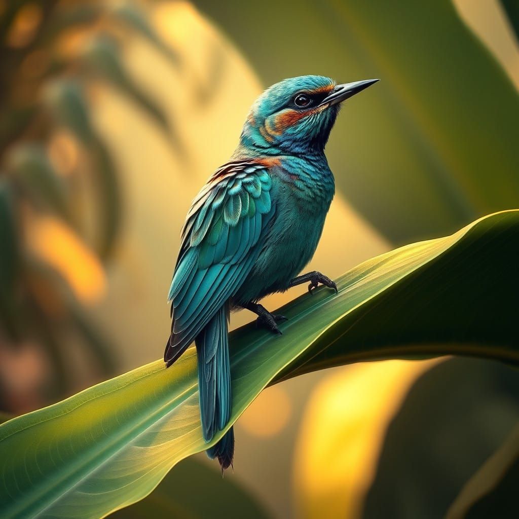 Majestic Bird Perched on Lush Green Leaf in Fantastical Art