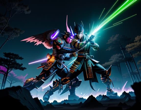 Winged Cyborg Samurai vs Colossal Demon in Manga Style