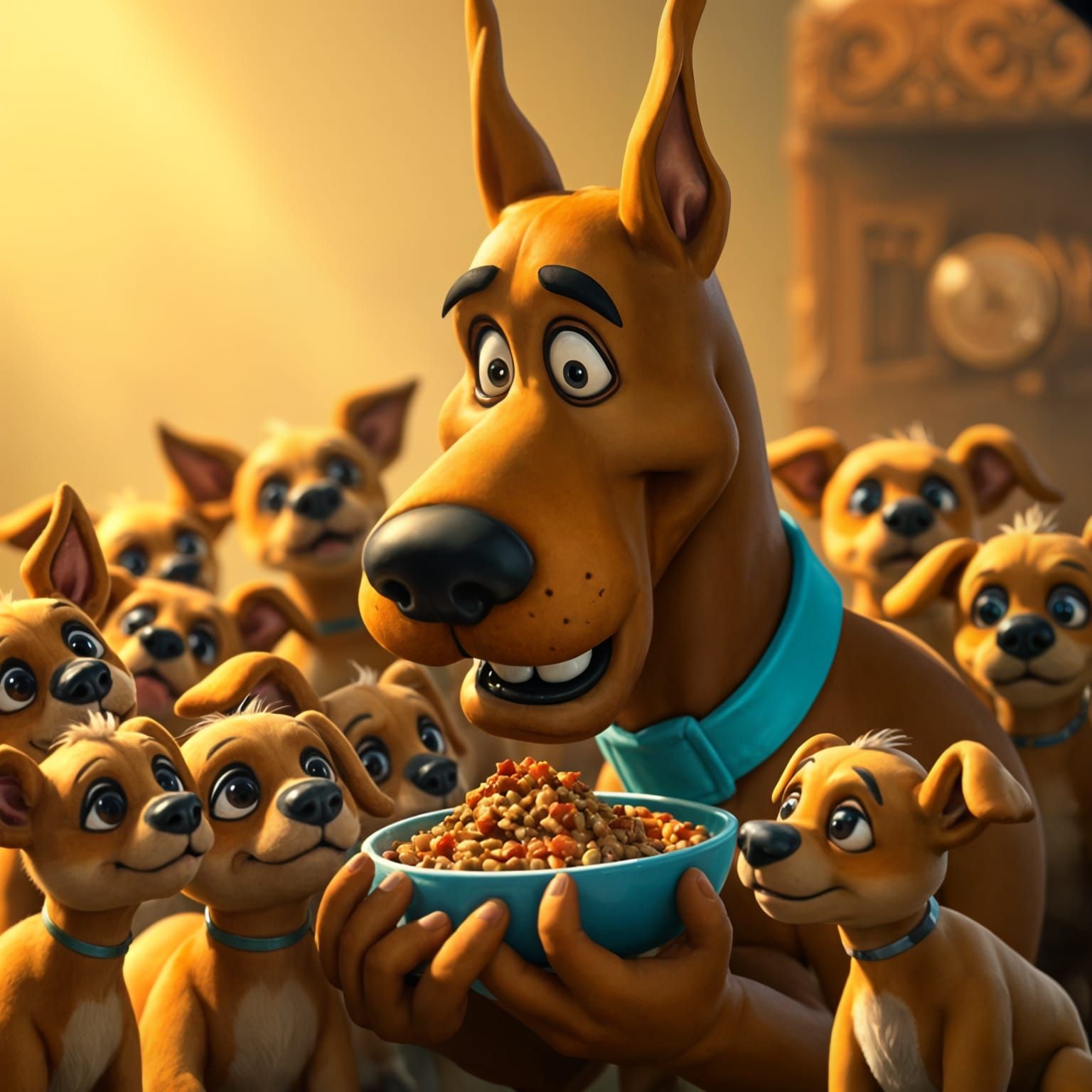 Scooby Do Eats with Small Dogs Looking On