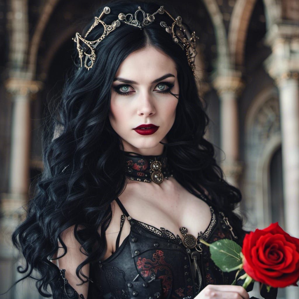 Steampunk Goth Girl with Rose in Gothic Castle