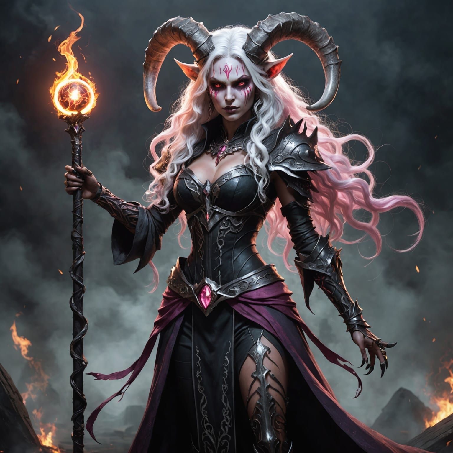 Fierce Tiefling Necromancer Emitting Fire Magic