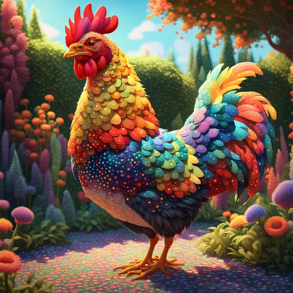 Colorful Chicken Portrait in Pointillism Style