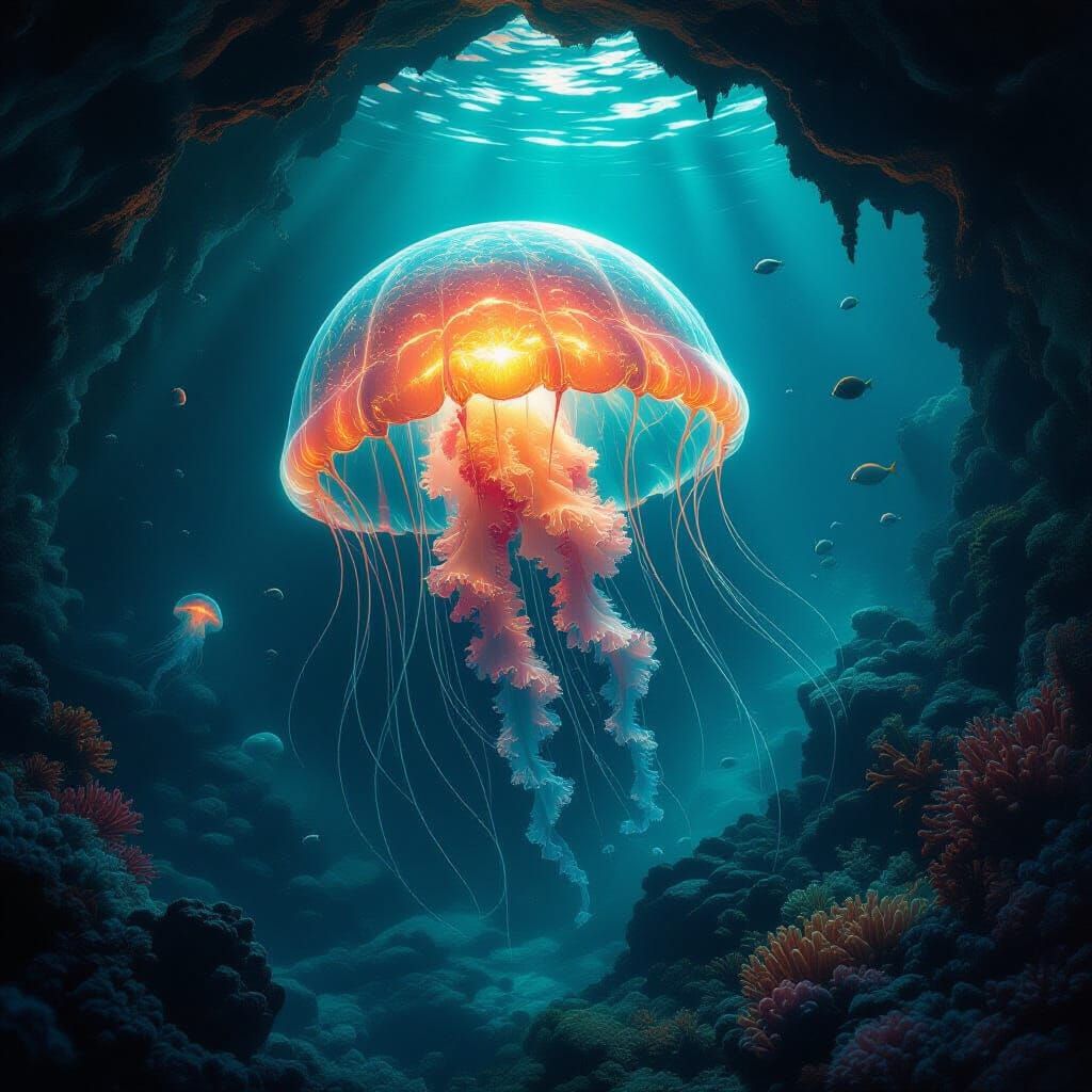 Bioluminescent Jellyfish Illuminates Underwater Cave in Fant...