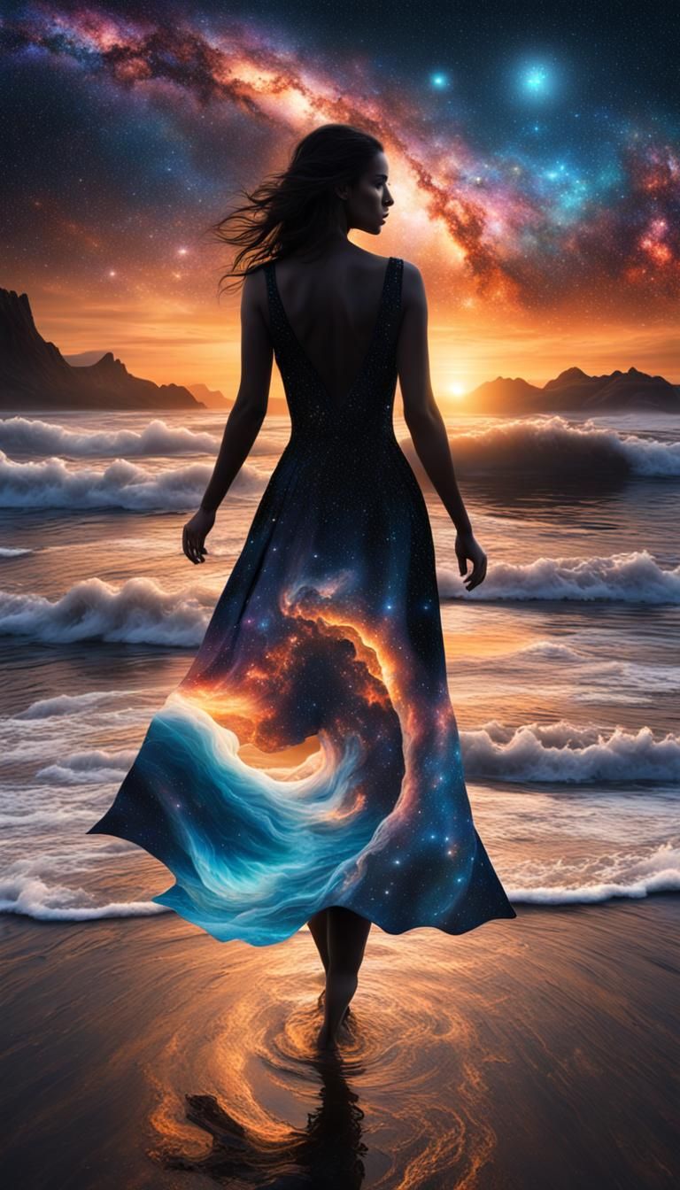Cosmic Woman Walking in Ocean Waves at Sunset