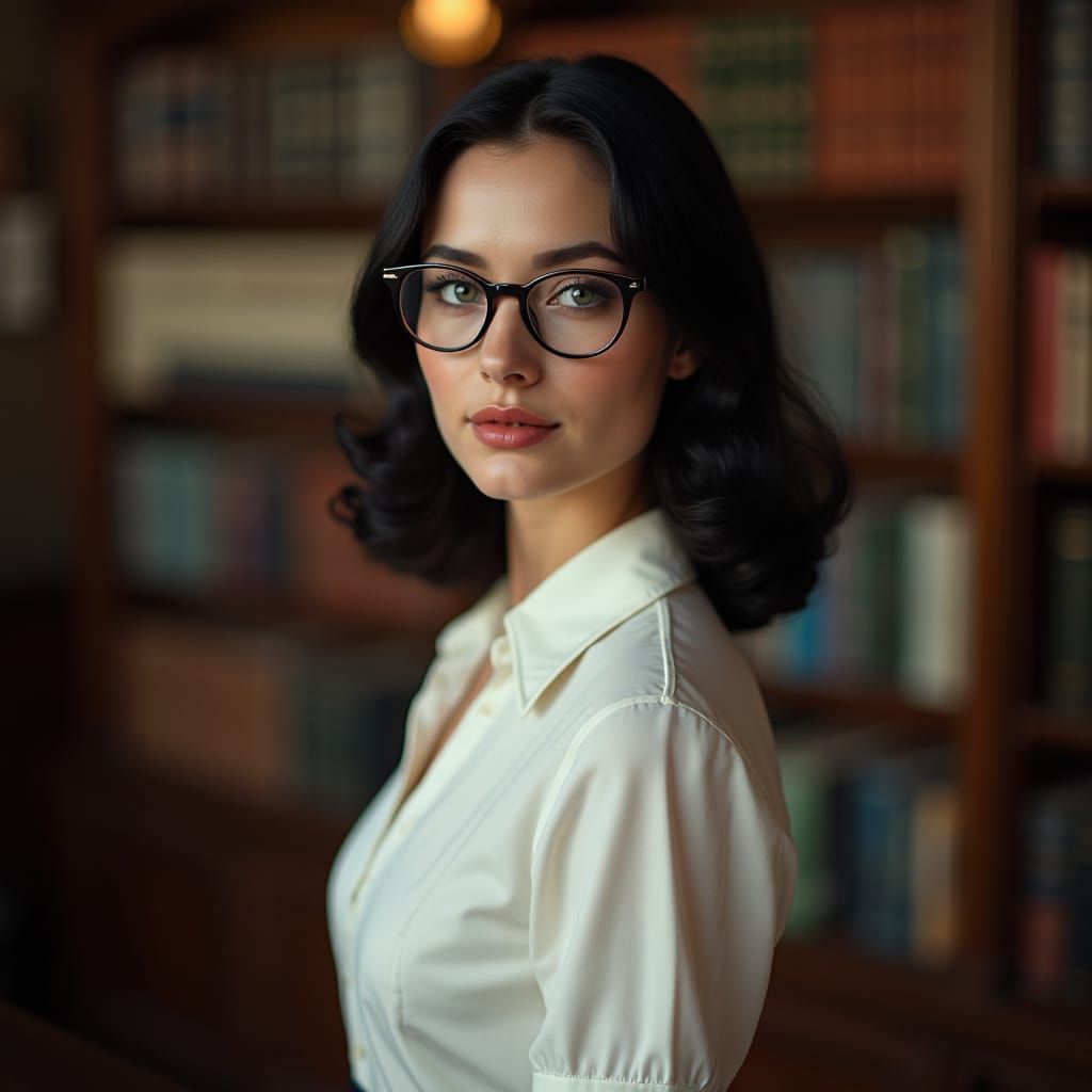 1940s Woman in Library, Photorealistic Portrait
