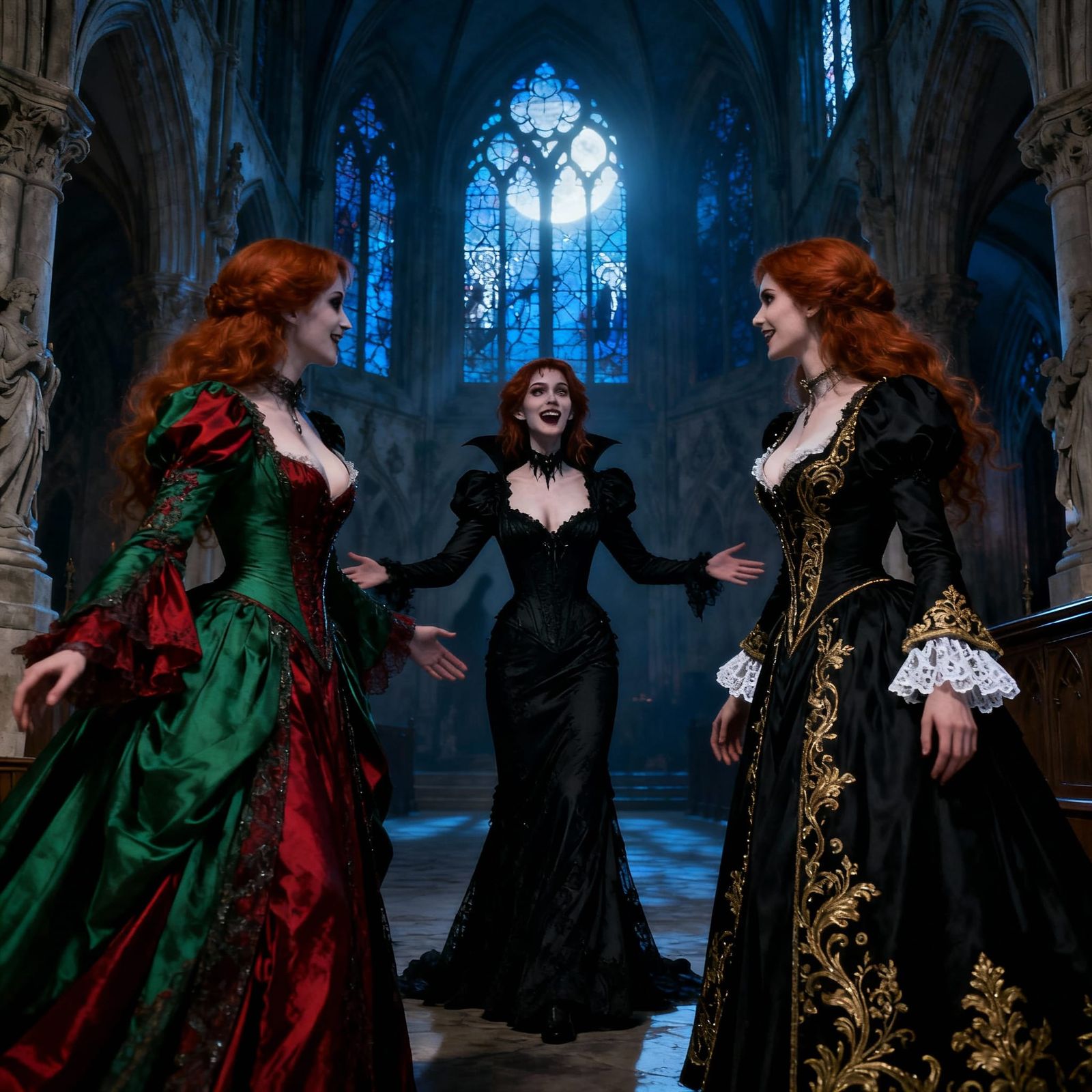 Vampire Matriarchs Embrace in Gothic Church
