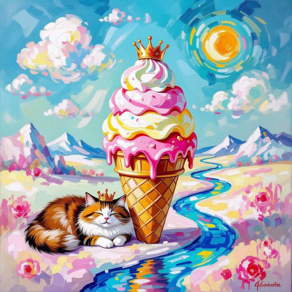 Dreamlike Landscape with Sugar Clouds and Ice Cream Rivers