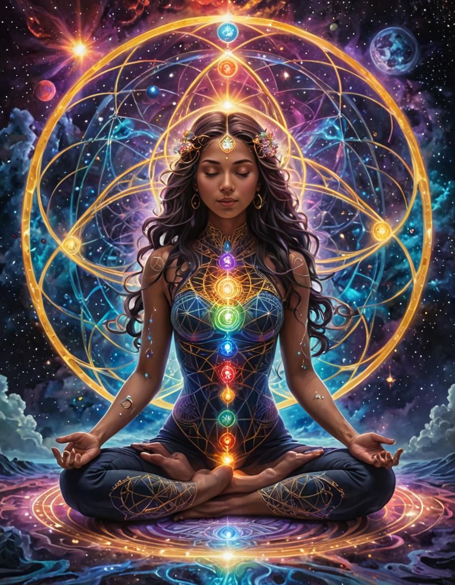 Meditative Figure Radiating Energy in Cosmic Environment