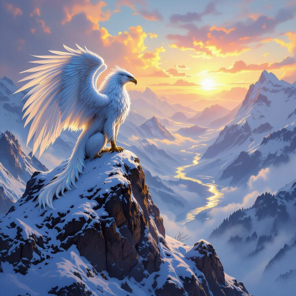 Griffin Overlooking Misty Valley in Fantasy Art Style