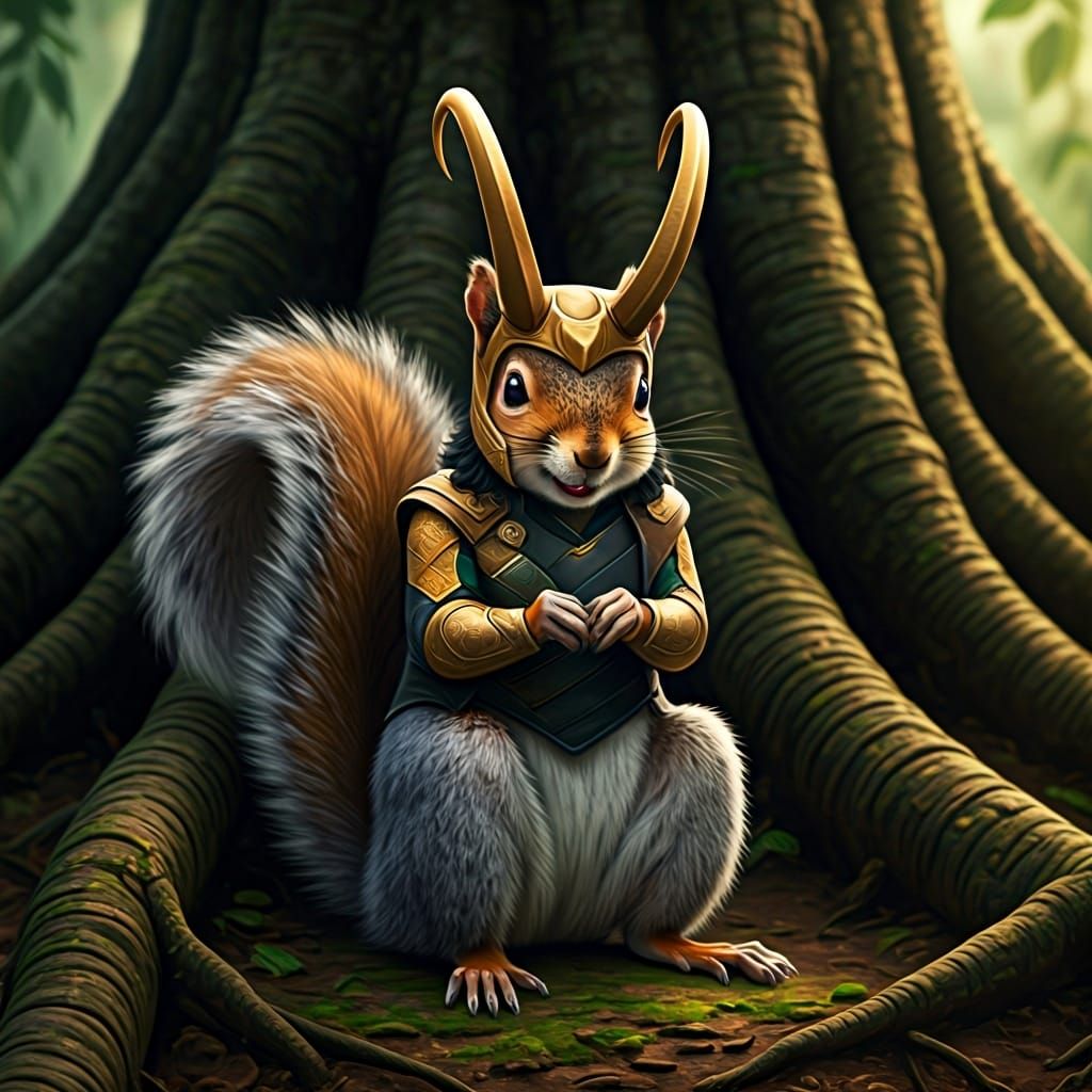 Mischievous Squirrel as Loki in Digital Illustration