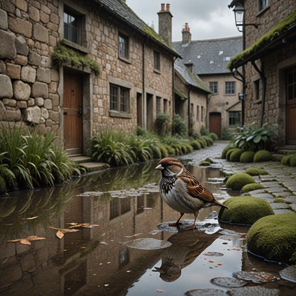 Sparrow in Quiet Village Puddle