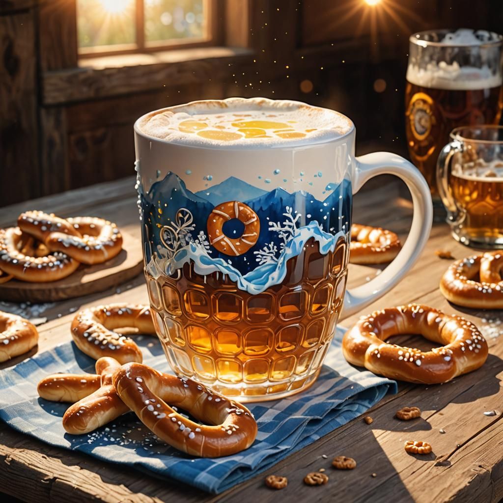 Frothy Beer Mug and Pretzels in Watercolor Style