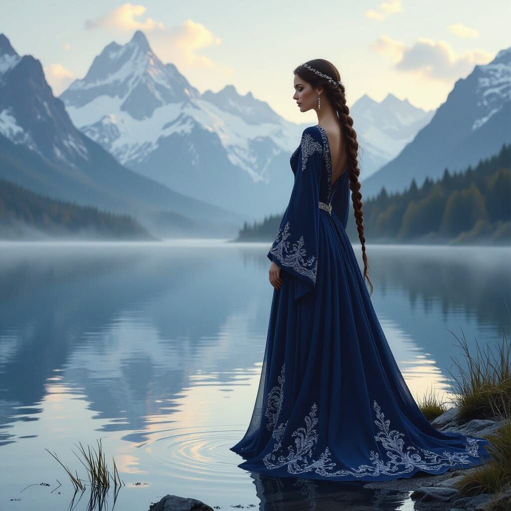 Ethereal Woman at Misty Lake, Romantic Style
