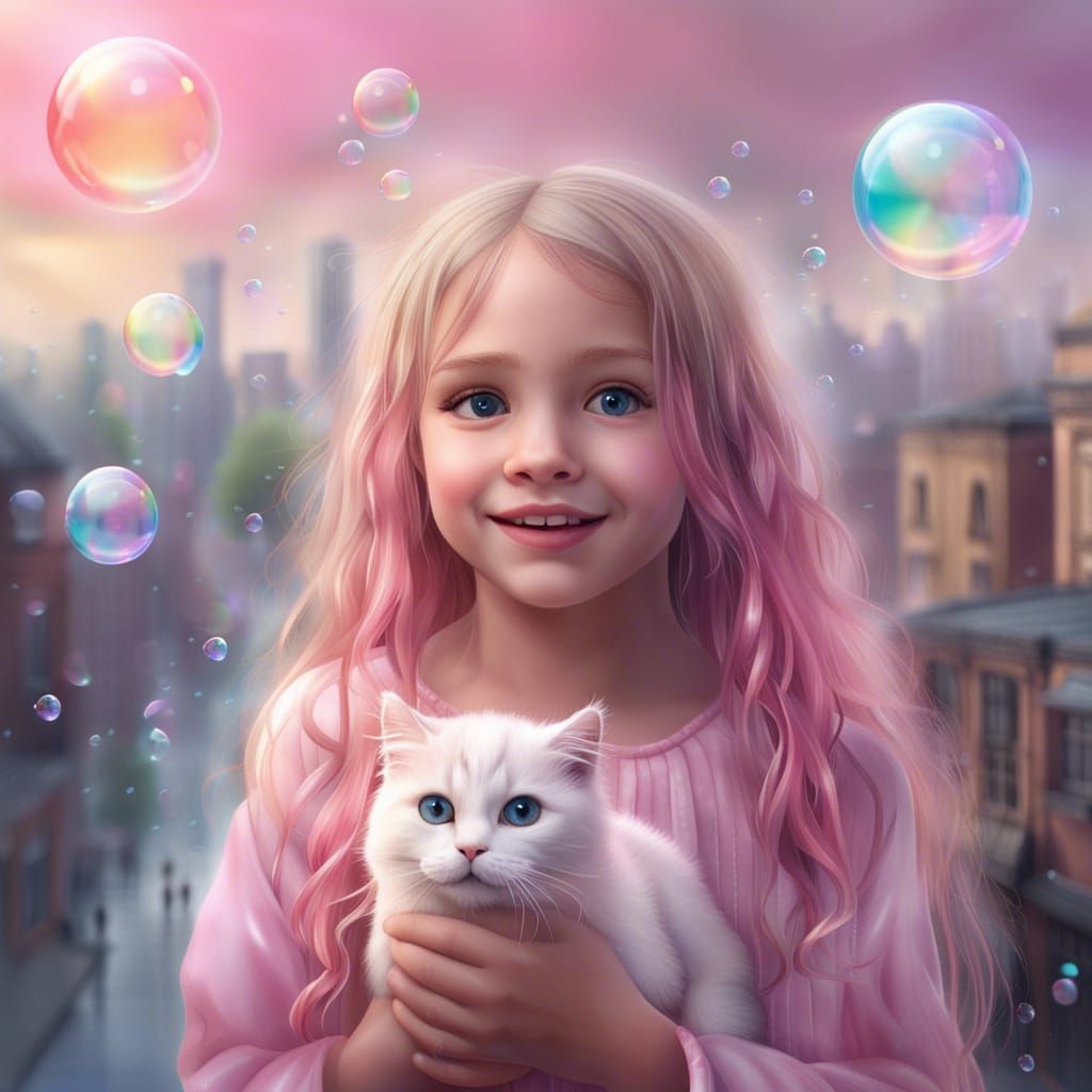 Rainbow-Haired Girl with Crystal Cat in Rainy City