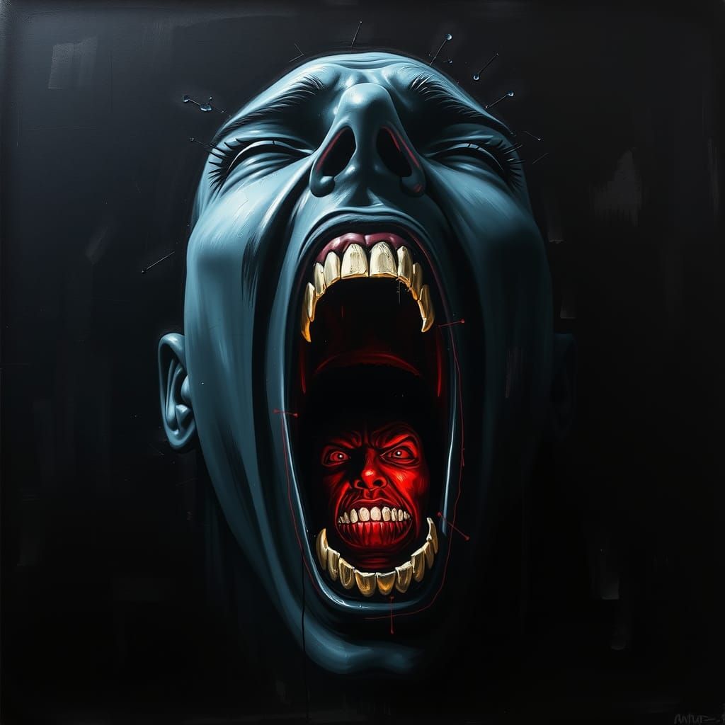 Demonic Scream: Grunge Portrait in Black and Teal