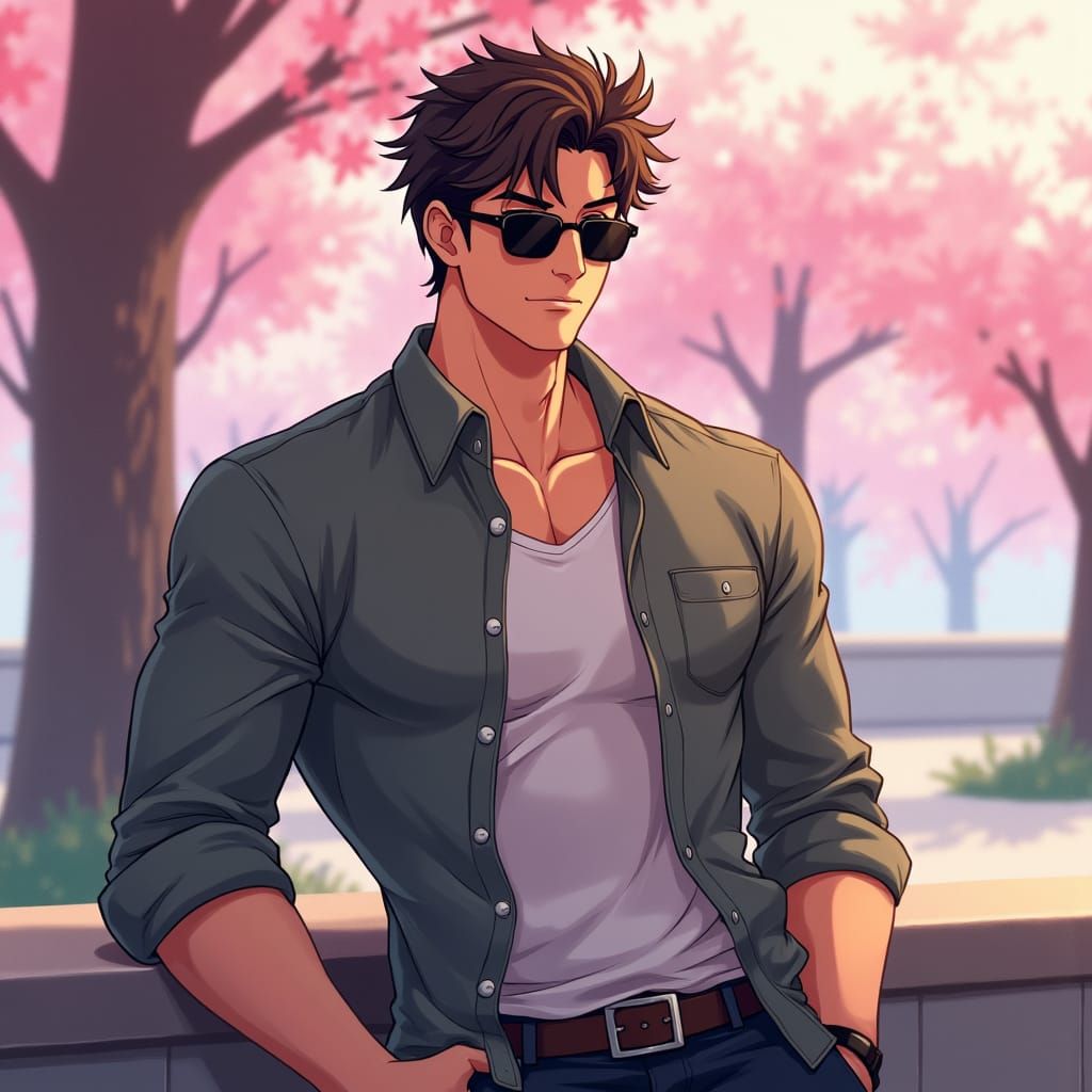 Handsome Anime Character in Park with Cherry Blossoms