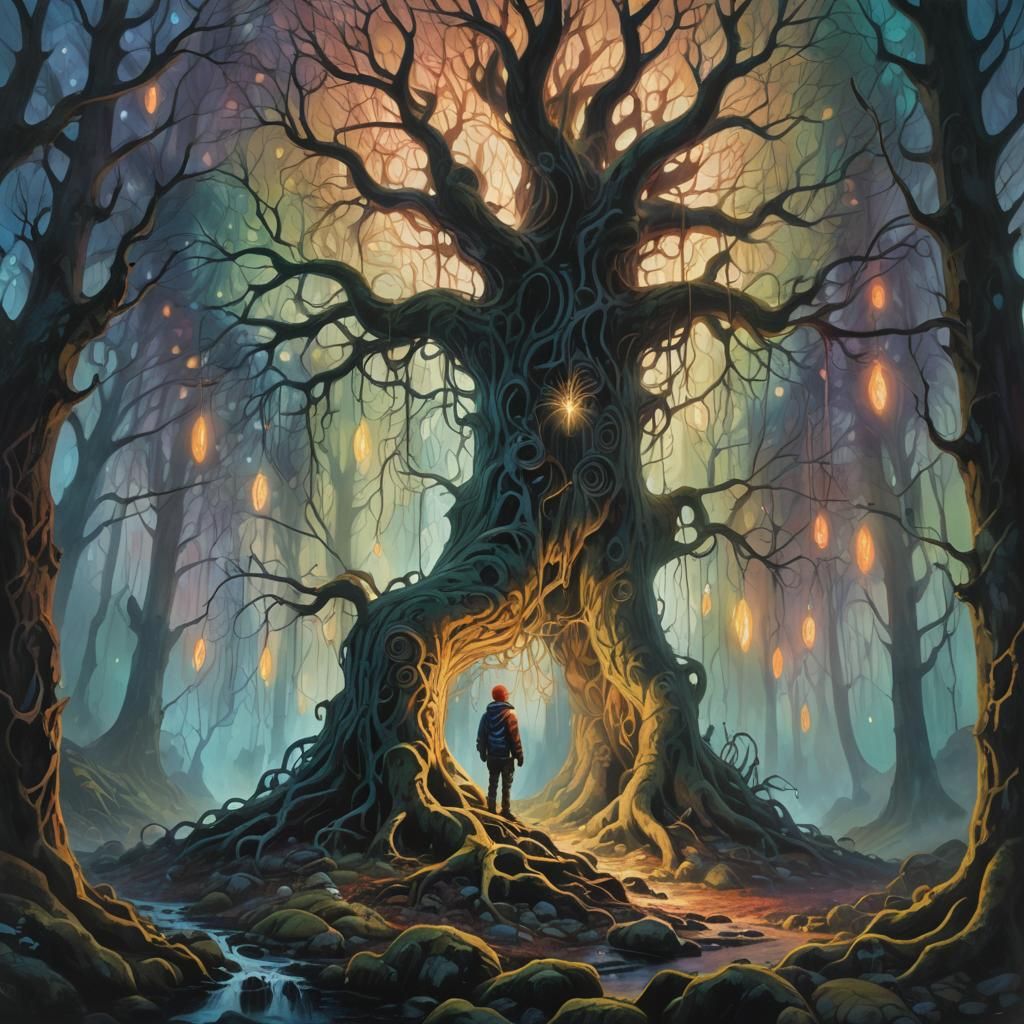 Mystical Nordic Forest: Surreal Oil Painting of Bear
