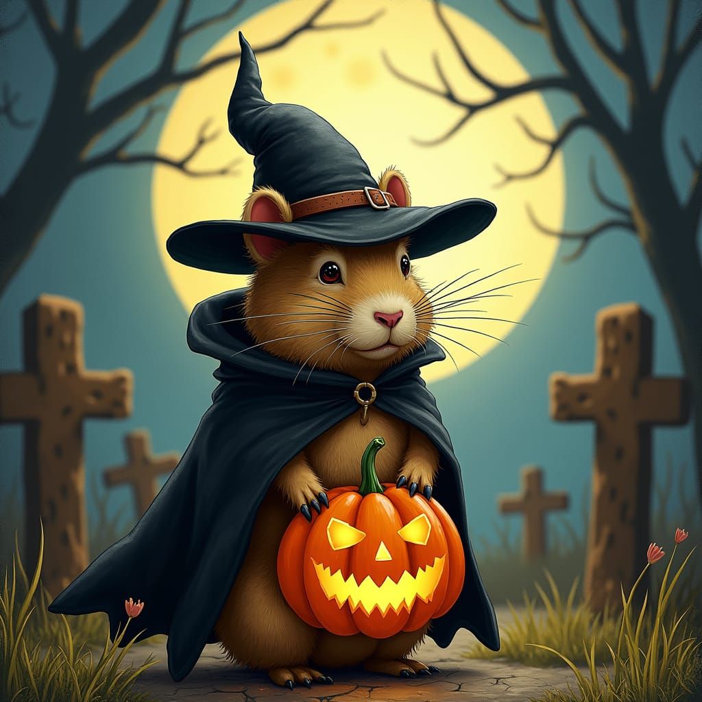 Capybara Witch with Pumpkin in Spooky Graveyard
