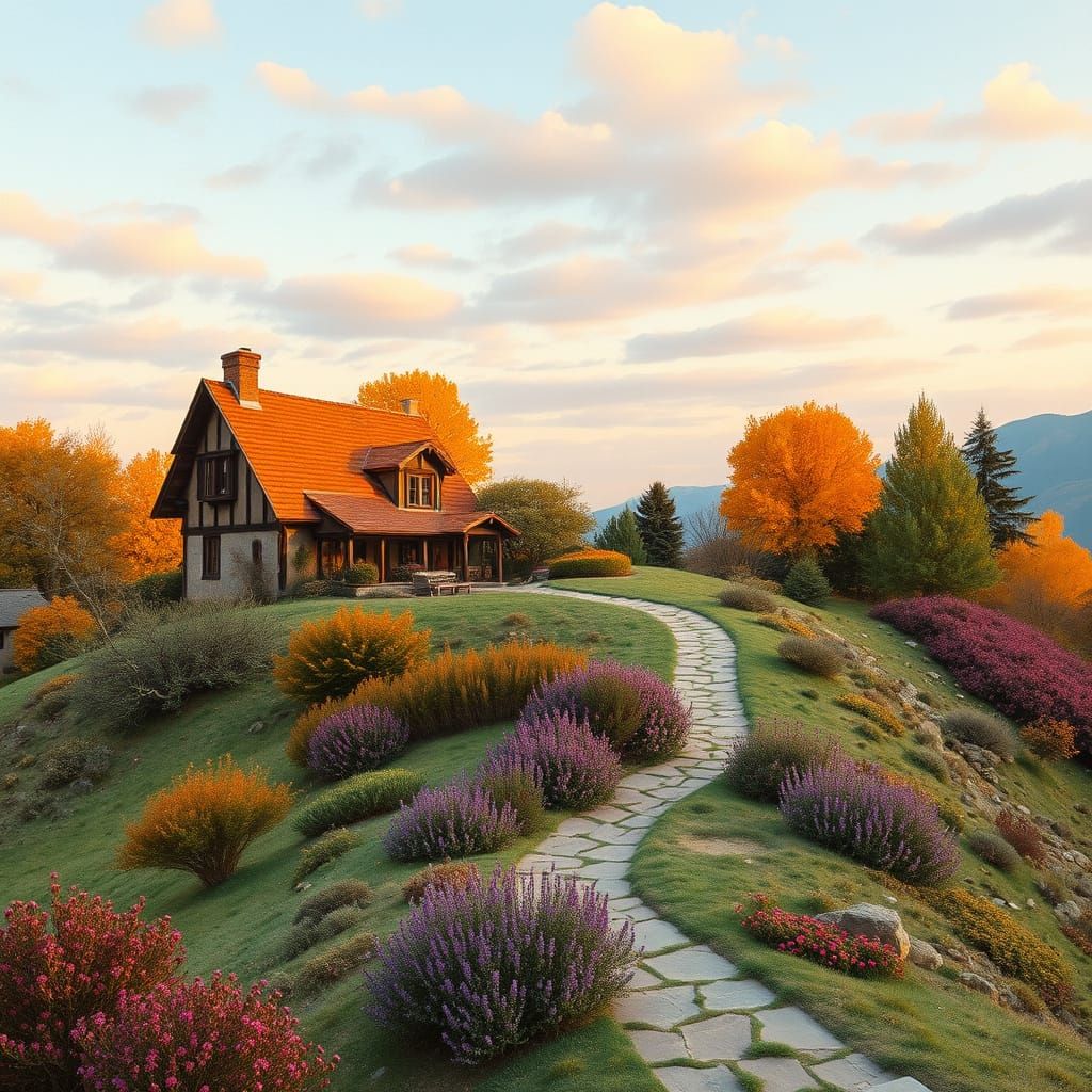 Two charming,-style houses rest a hillside, the warm glow of...