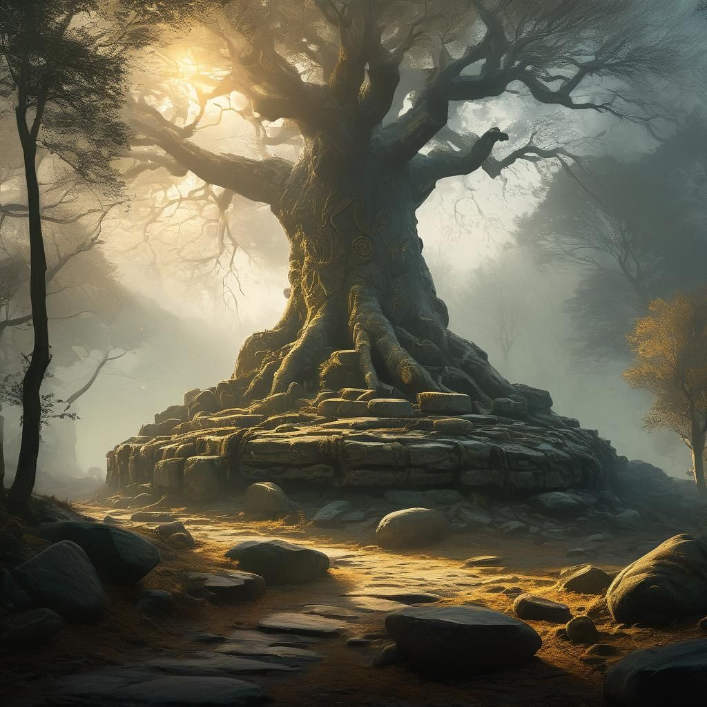 Mystical Rolling Stone Monument in Ancient Forest