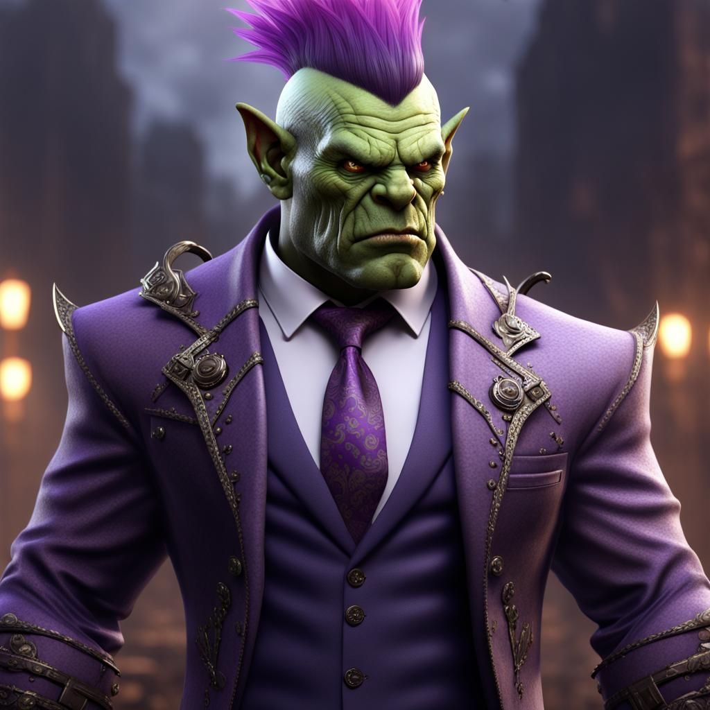 Orc with Purple Mohawk in Suit: Detailed Fantasy Art