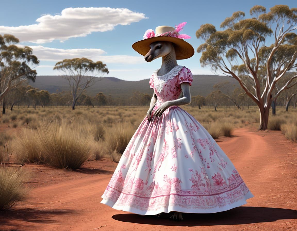 Photorealistic anthropomorphic female kangaroo named Kylie, wearing a Victorian-era outfit with a long, flowing skirt in...
