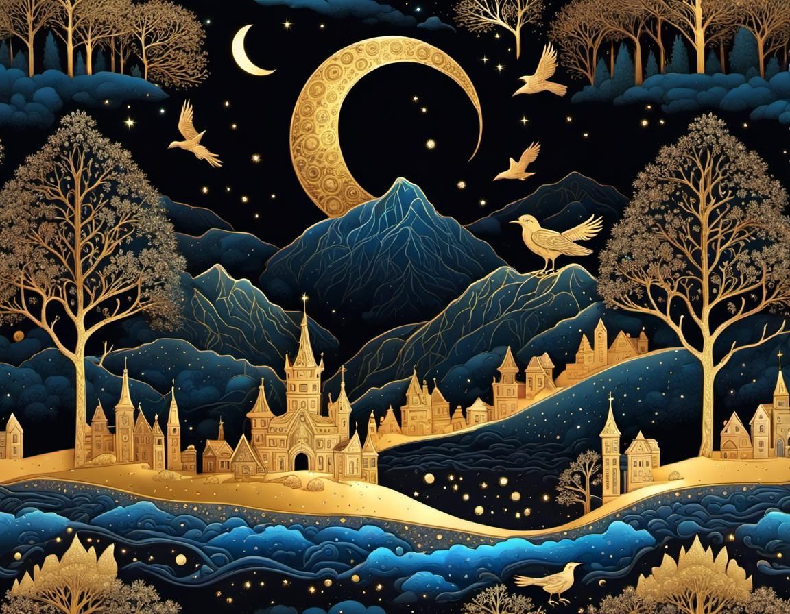 Crystal Moon Over Forest in Palekh Style