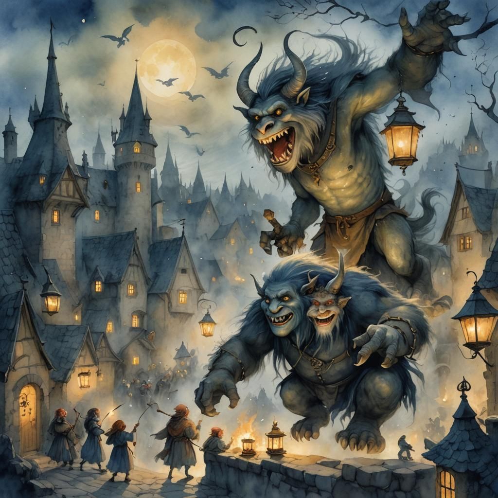 Medieval Monsters Party in Foggy Town, Watercolor Art
