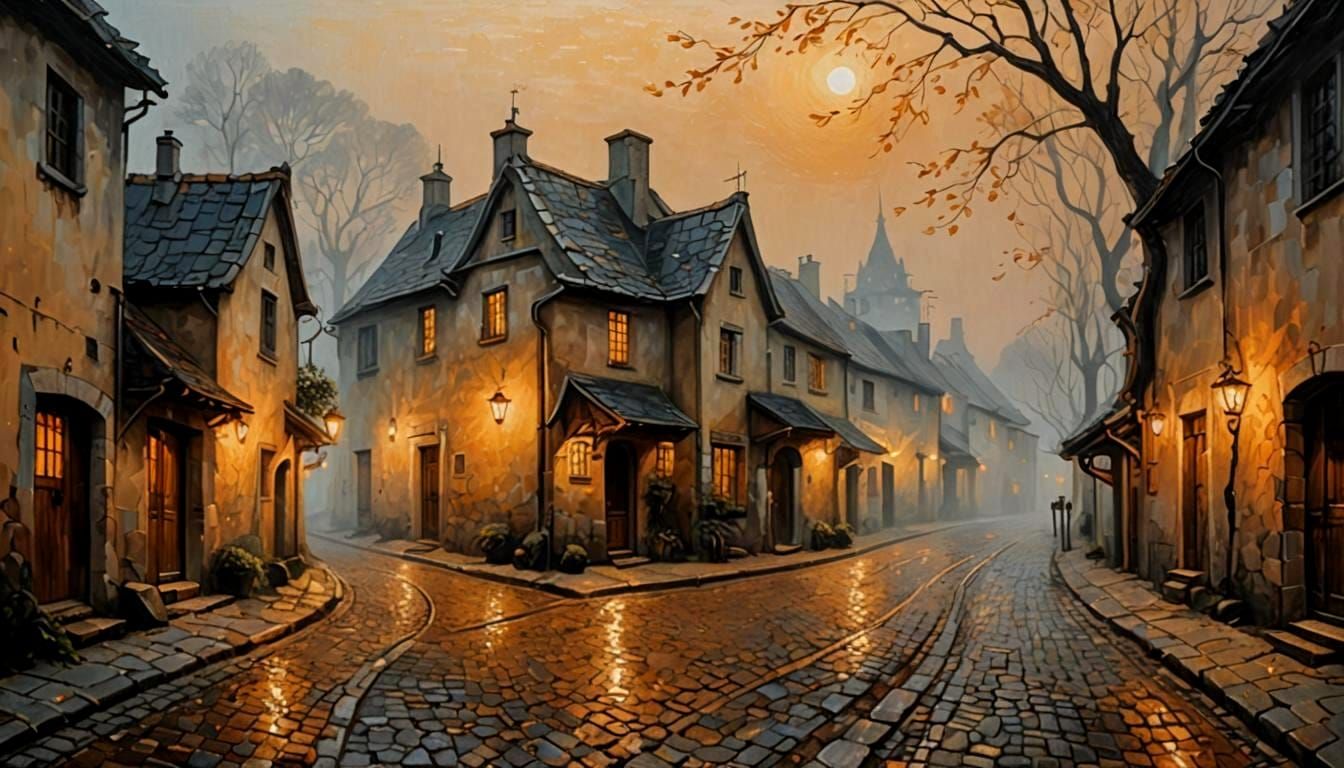 Misty Village Lane at Dusk in Art Nouveau Style