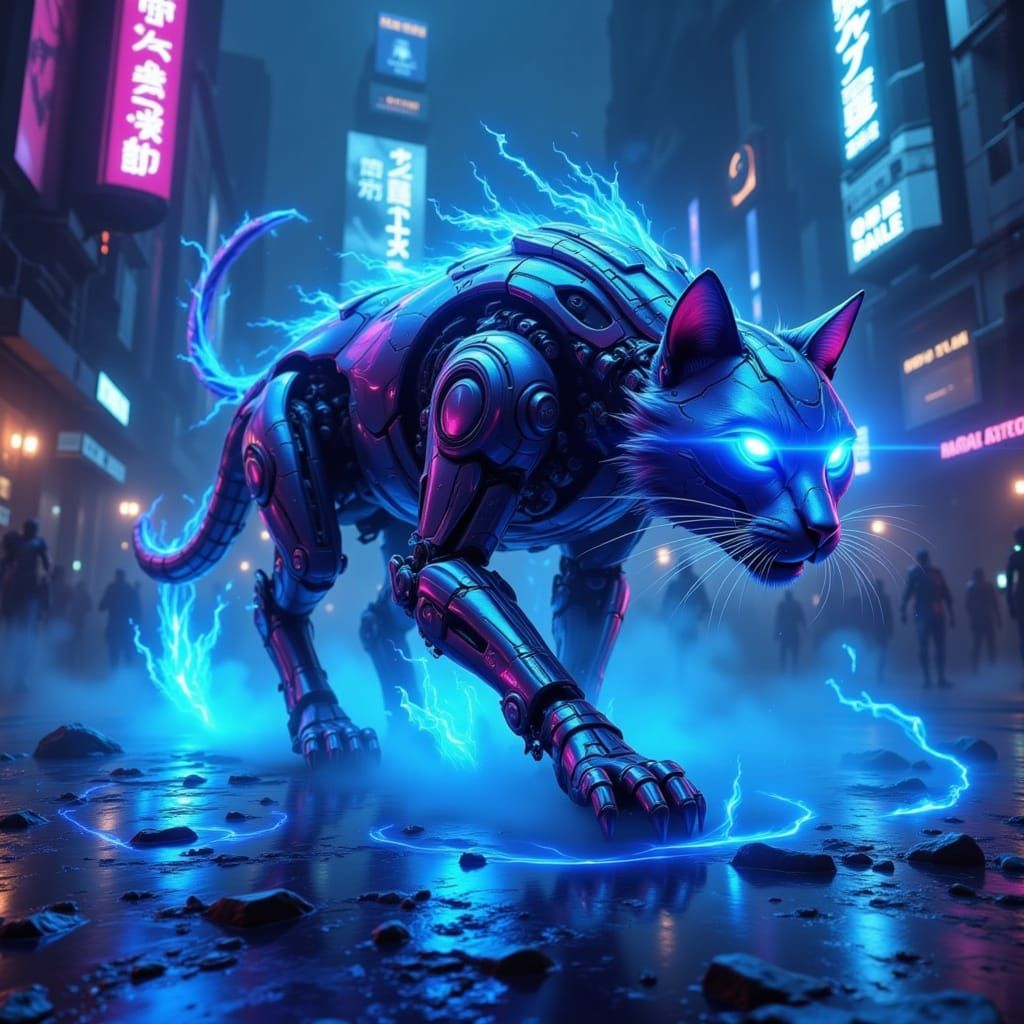 Cyberpunk Robotic Cat in Neon City