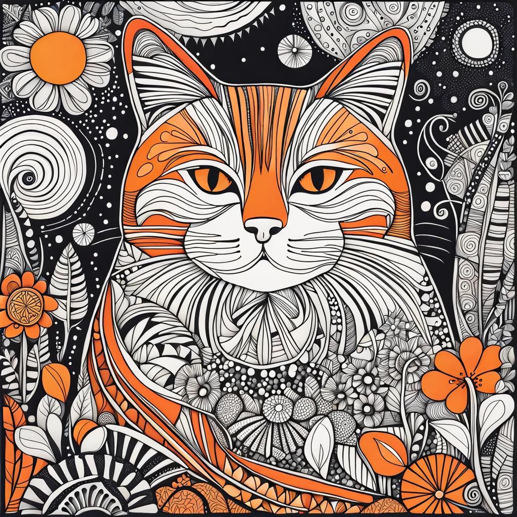 Whimsical Zentangle: Happy Orange Cat Doodle
