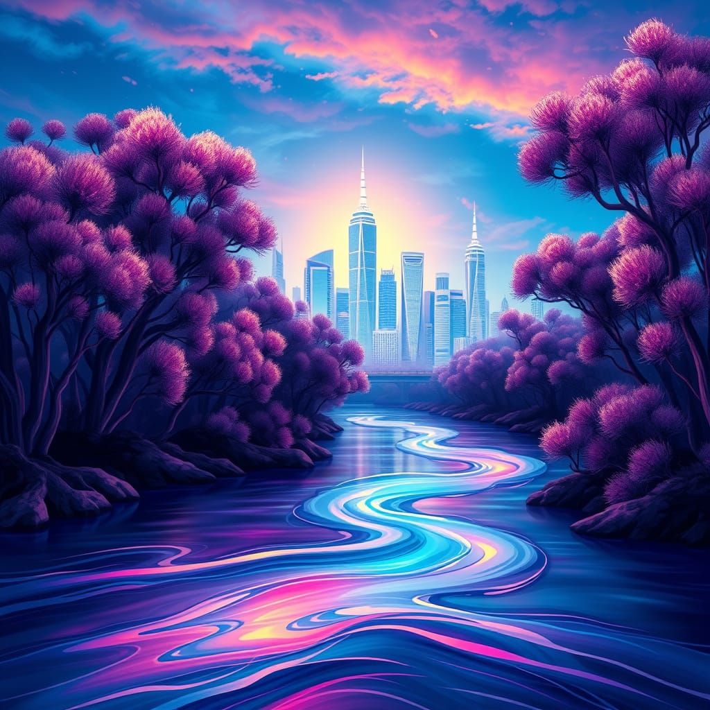 Vibrant River Flows to Neon Cityscape