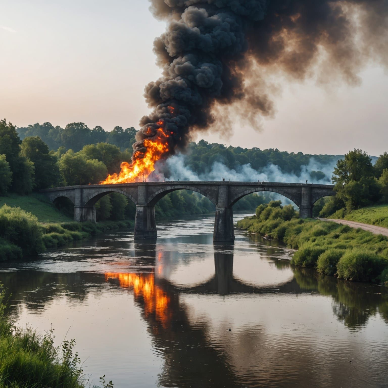 Burning Bridge Over River in the Distance