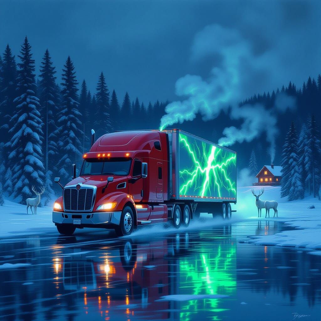 Red Semi Truck Races Across Frozen Lake