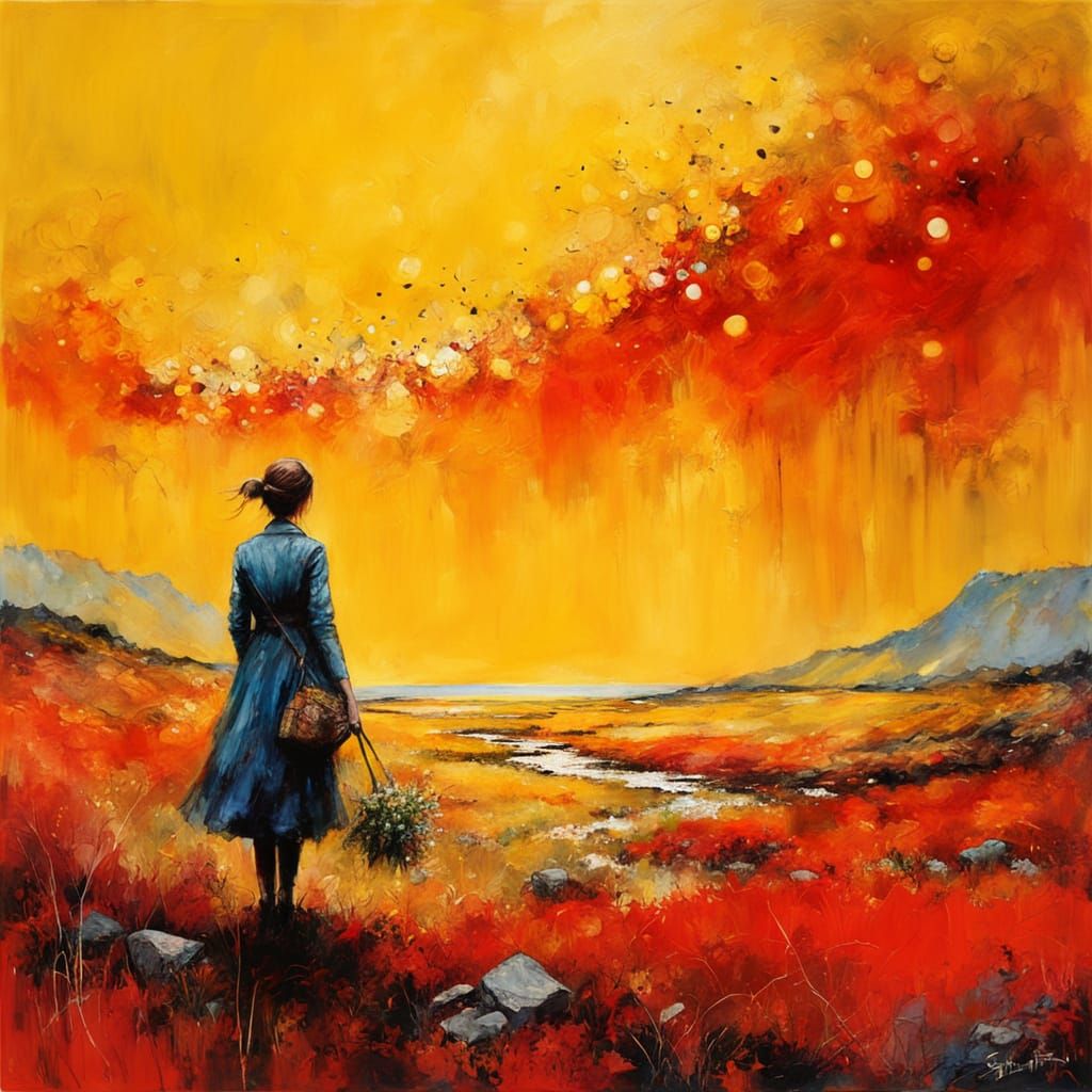 Expressionist Impasto Encaustic Painting with Golden Motifs